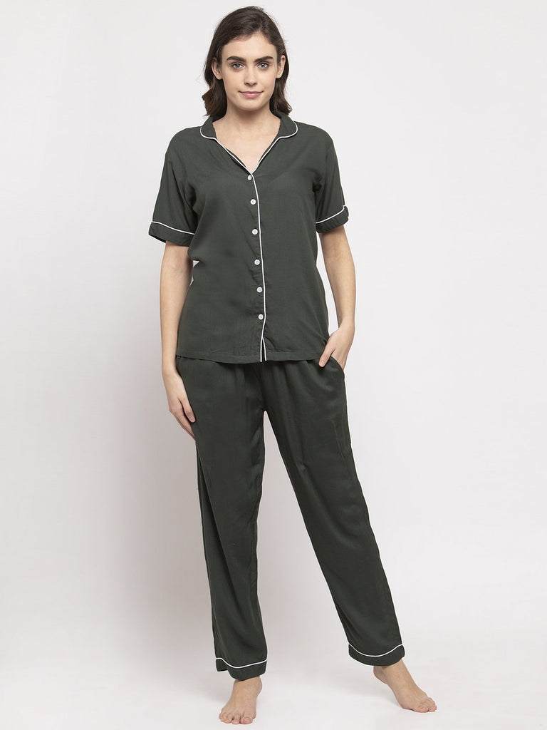 Soft Rayon Solid Night Suit For Women - Green