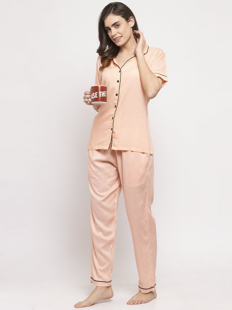 Soft Rayon Solid Night Suit For Women - Peach