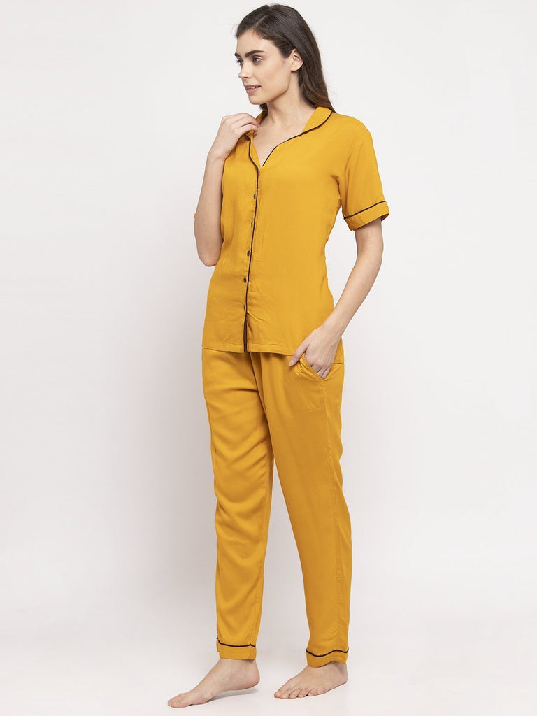 Soft Rayon Solid Night Suit For Women - Yellow