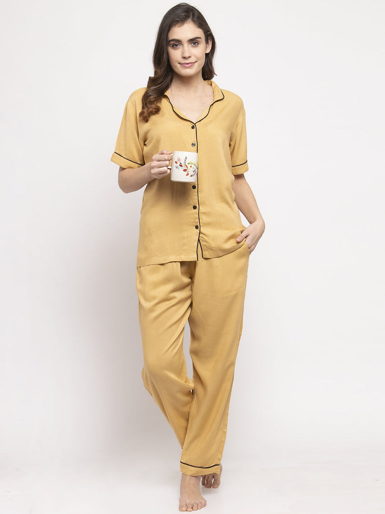 Soft Rayon Solid Night Suit For Women - Beige