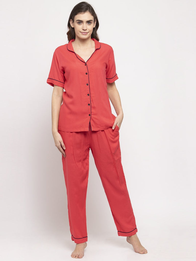 Soft Rayon Solid Night Suit For Women - Pink