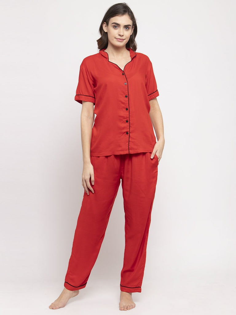 Soft Rayon Solid Night Suit For Women - Red