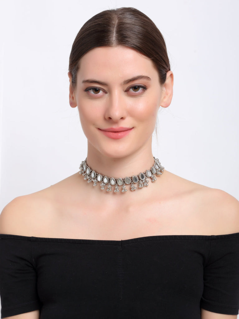 neudis-handcrafted-statement-oxidised-silver-toned-mirror-work-choker-necklace-for-women-girls