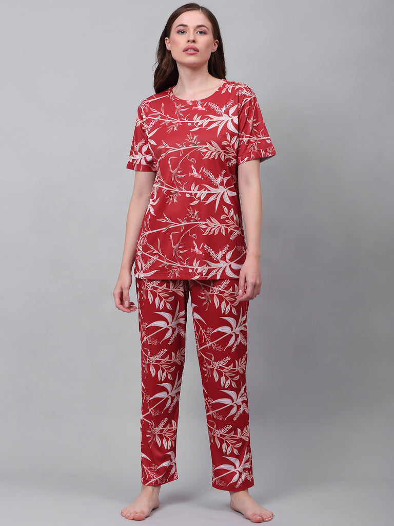 Women Red Floral Print Night Suit