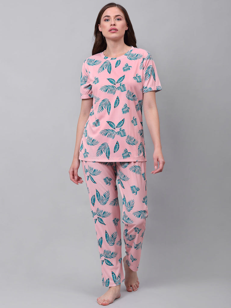 Women Peach Floral Print Night Suit