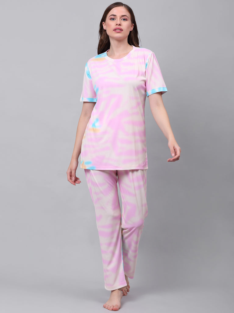 Women Pink Tie & Dye Print Night Suit