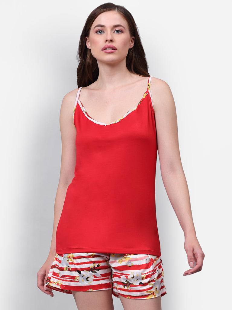 Women Red & White Printed Spaghetti Top & Shorts Night Suit Set