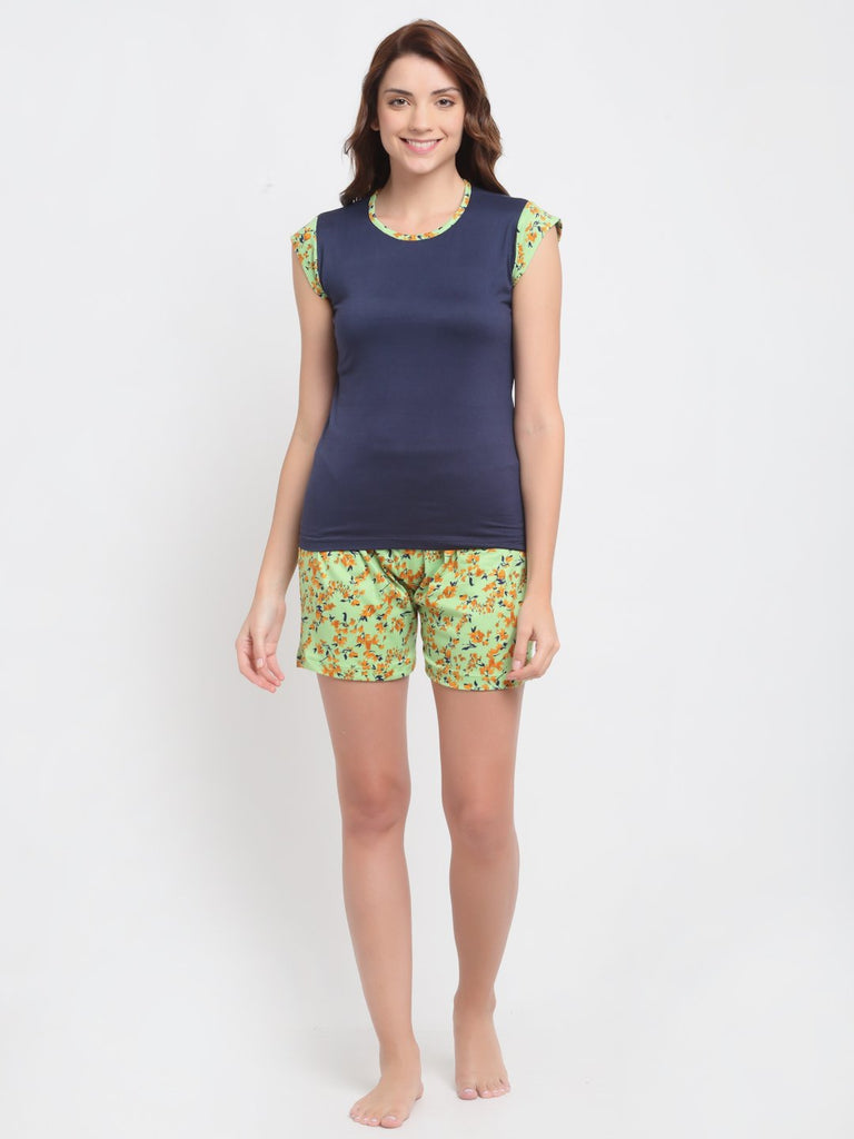 Floral Print T-Shirt & Shorts Night Suit Set For Women - Navy Blue & Green