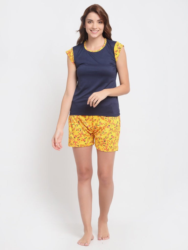 Floral Print T-Shirt & Shorts Night Suit Set For Women - Navy Blue & Yellow
