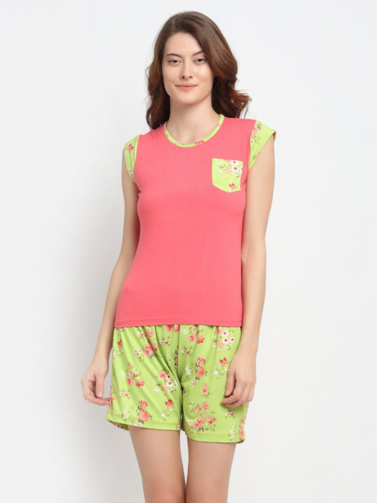 Floral Print T-Shirt & Shorts Night Suit Set For Women - Pink & Green