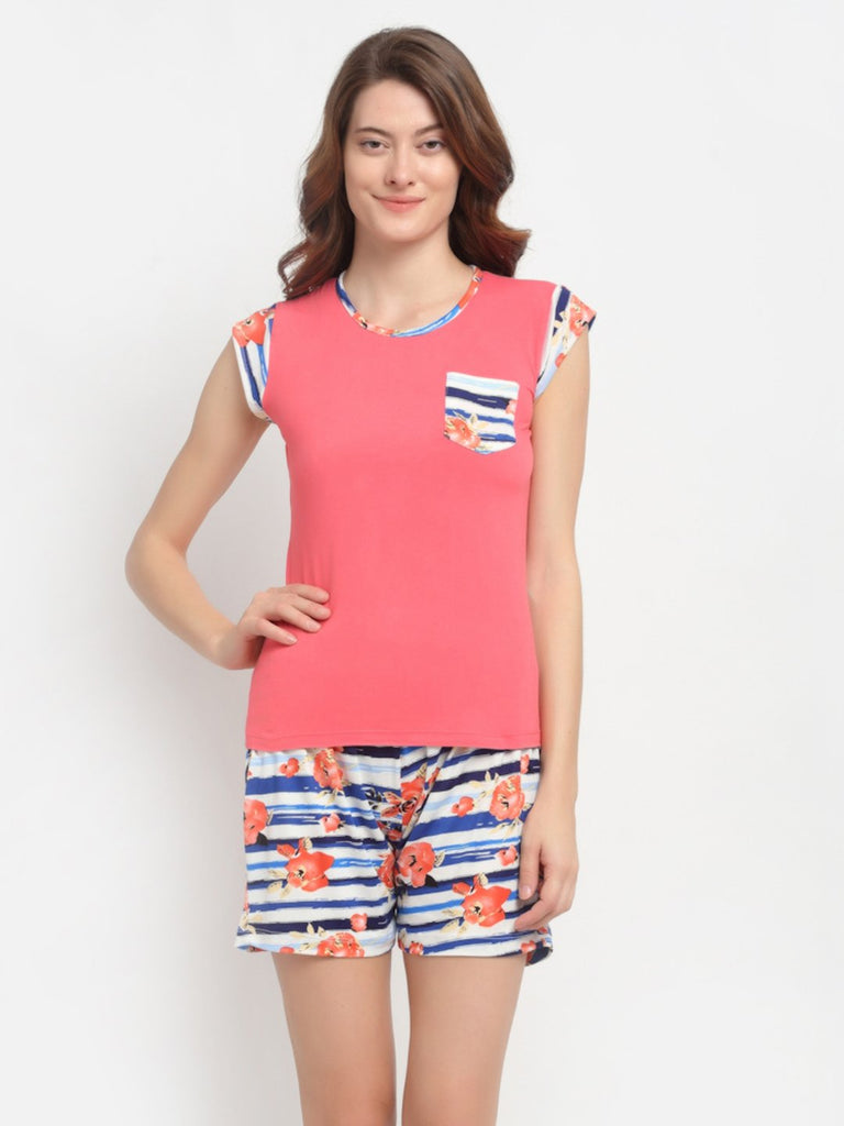Floral Print T-Shirt & Shorts Night Suit Set For Women - Pink & Blue