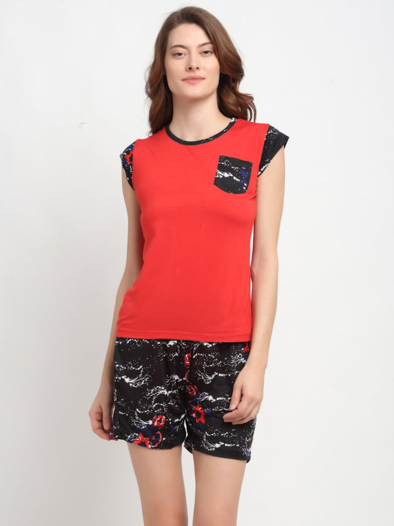Floral Print T-Shirt & Shorts Night Suit Set For Women - Red & Black
