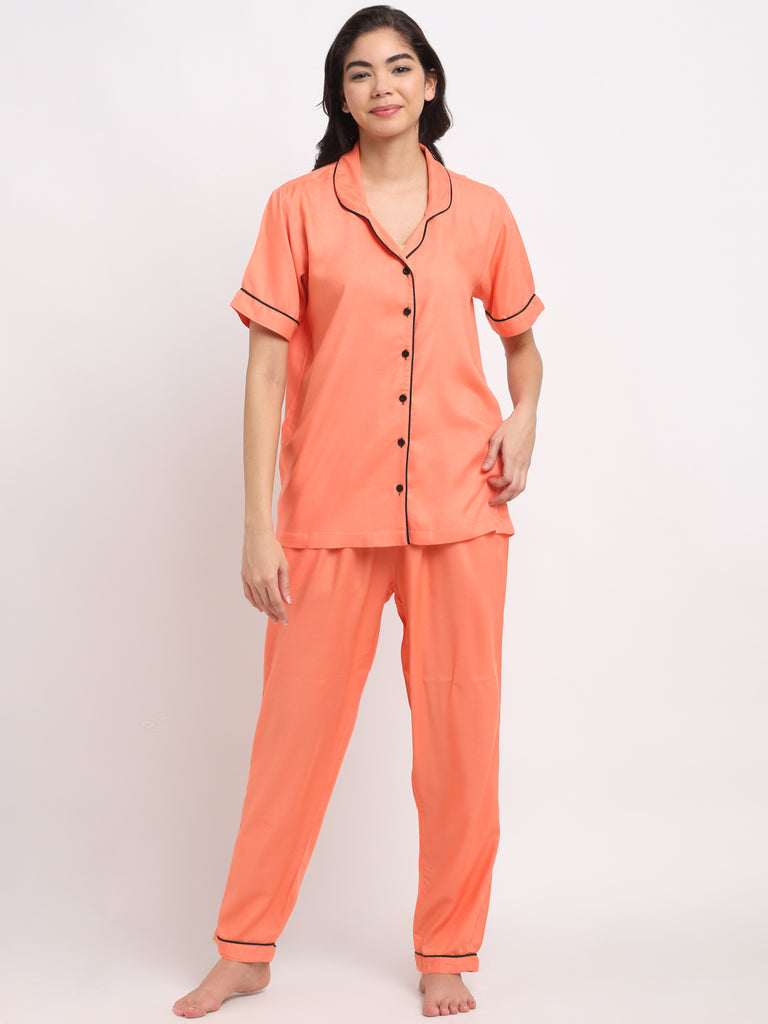 NEUDIS Women Orange Solid Night Suit
