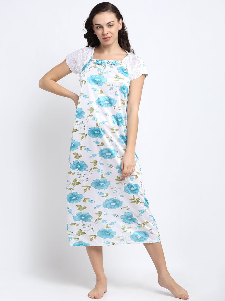 Satin Blend Floral Nightgown/Nighty/Maxi For Women - White & Blue