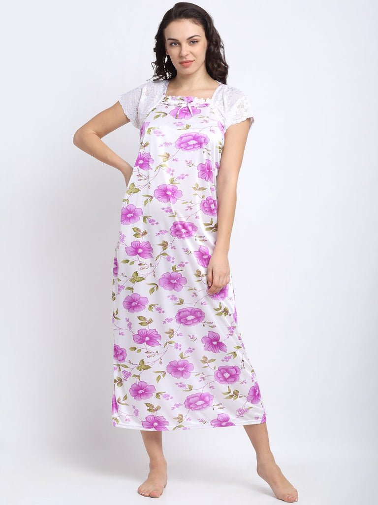 Satin Blend Floral Nightgown/Nighty/Maxi For Women - White & Purple