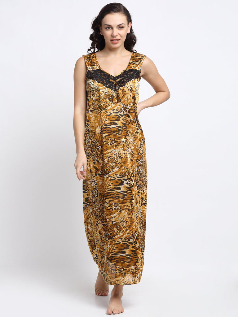 Satin Blend Animal Print Nightgown/Nighty/Maxi For Women - Brown & Black