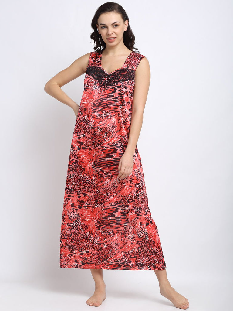 Satin Blend Animal Print Nightgown/Nighty/Maxi For Women - Peach & Pink