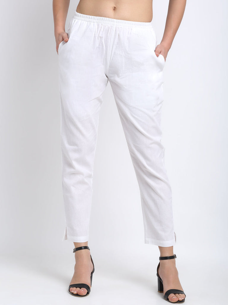 Cotton Smart Slim Fit Solid Cropped Cigarette Trousers Pajama Pant For Women - White
