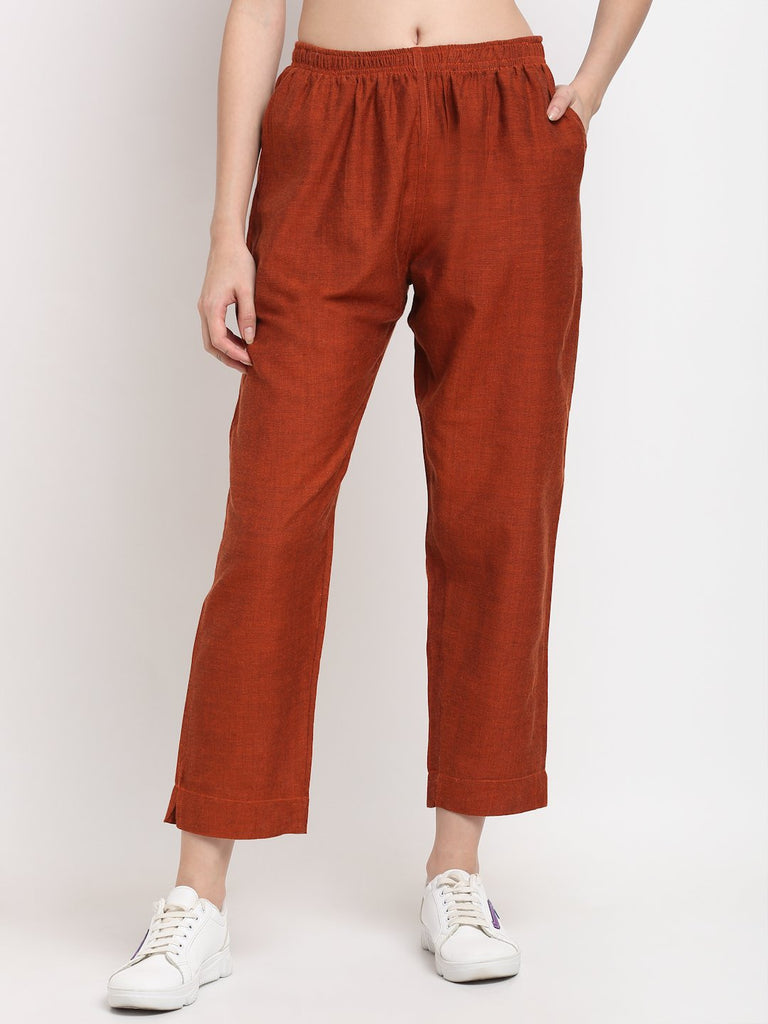 Women Cotton Rust Solid Cropped Cigarette Trousers