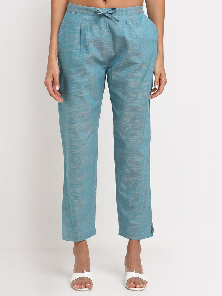 Women Cotton Turquoise Solid Cropped Cigarette Trousers