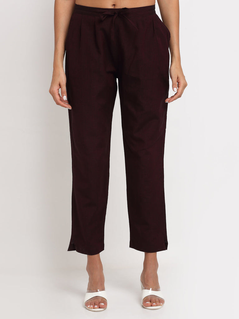 Women Cotton Burgundy Solid Cropped Cigarette Trousers