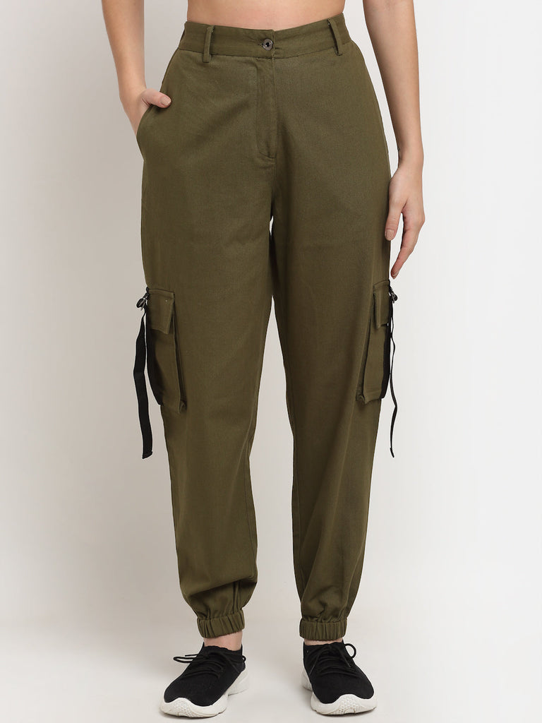 NEUDIS Women Olive Green Loose Fit Solid Cargos
