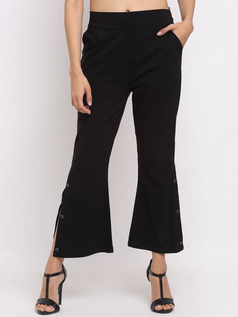 Women Black Solid Side Slits Parallel Trousers