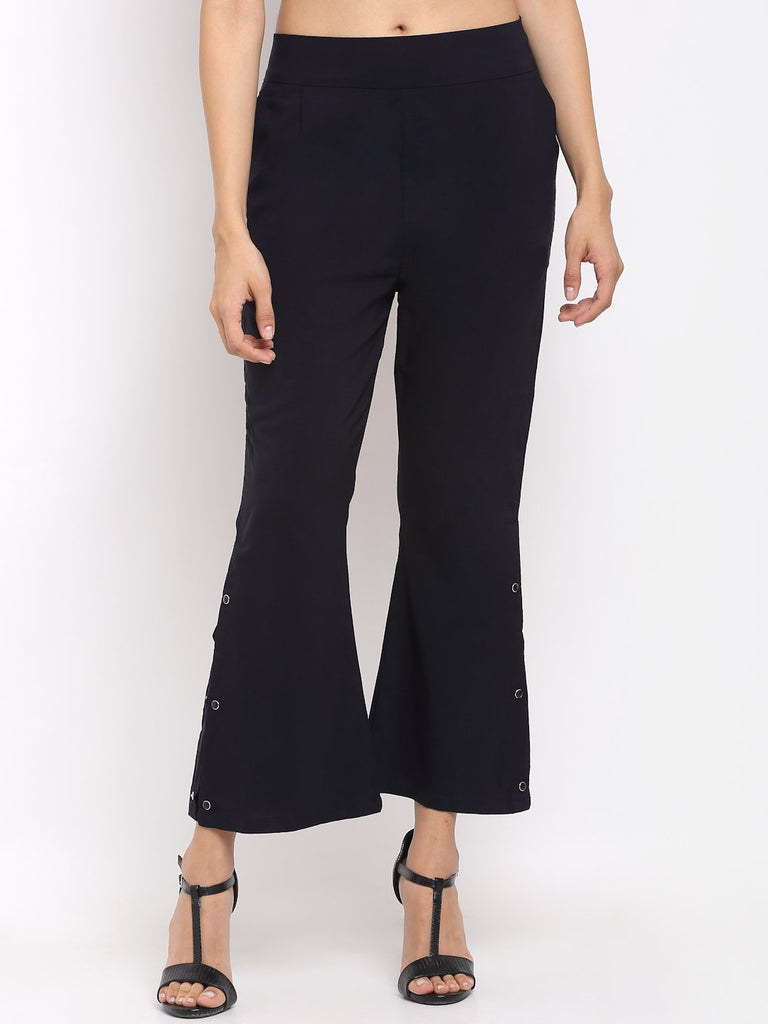 Women Navy Blue Solid Side Slits Parallel Trousers