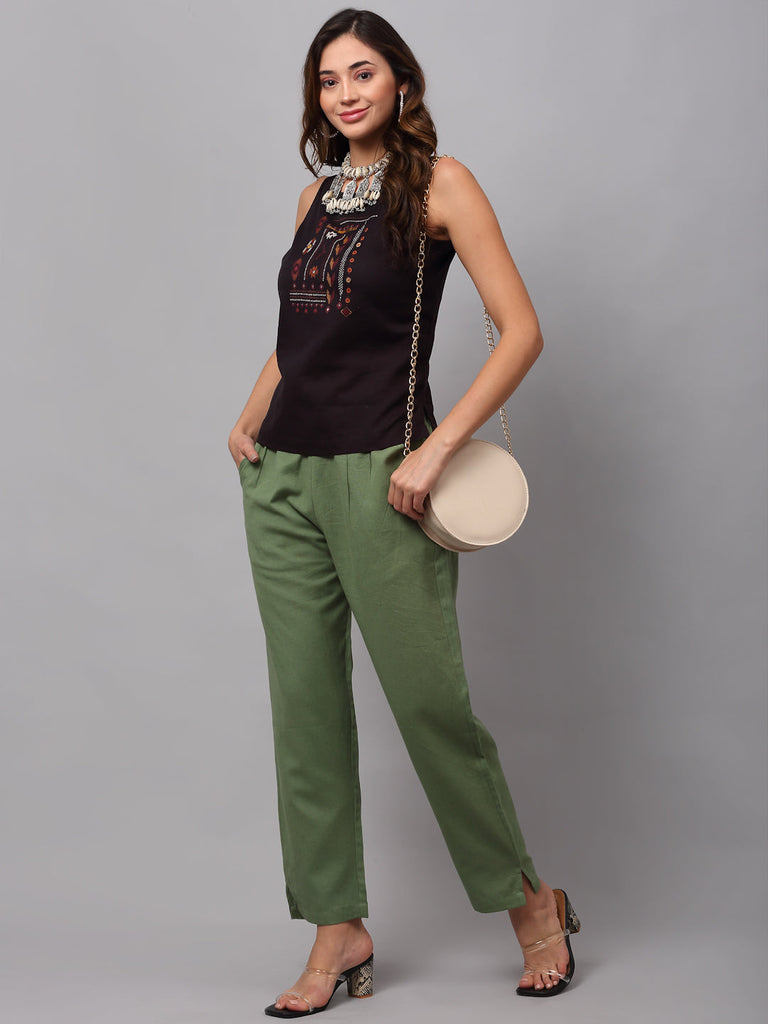 Women Olive Cotton  Solid Cropped Cigarette Trousers