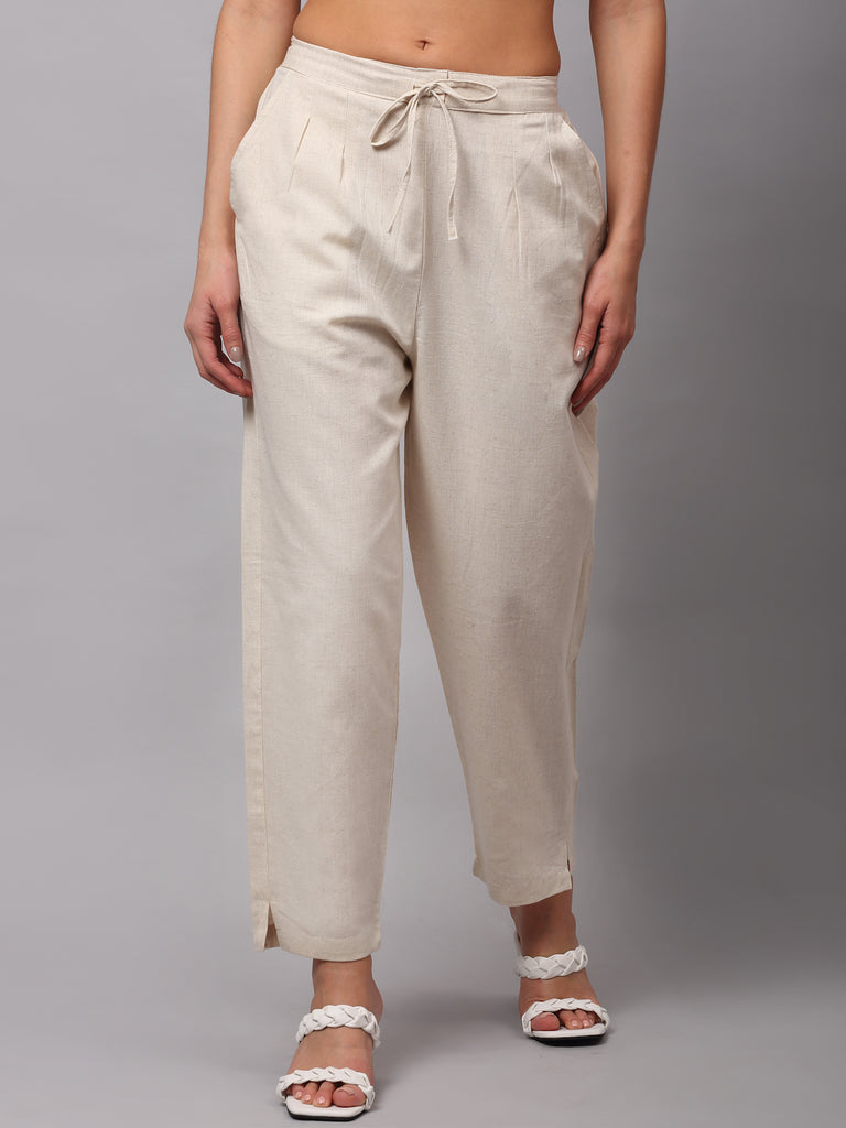 Women Beige Cotton Solid Cropped Cigarette Trousers