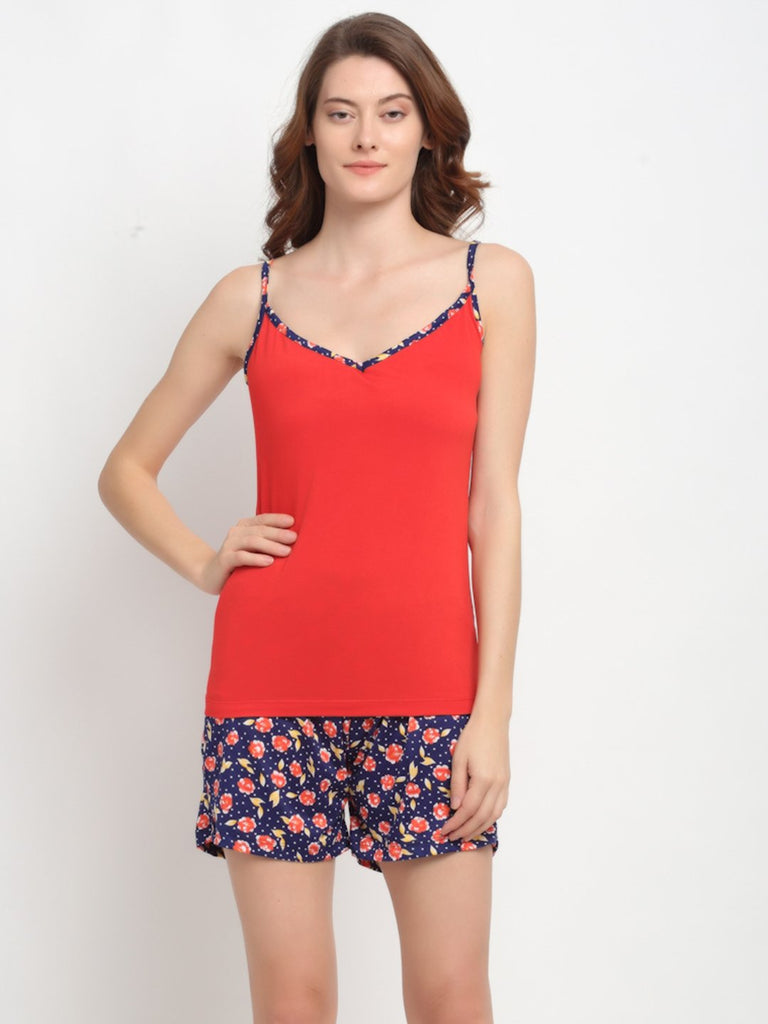 Solid Print Spaghetti Top & Shorts Night Suit Set For Women - Red & Navy