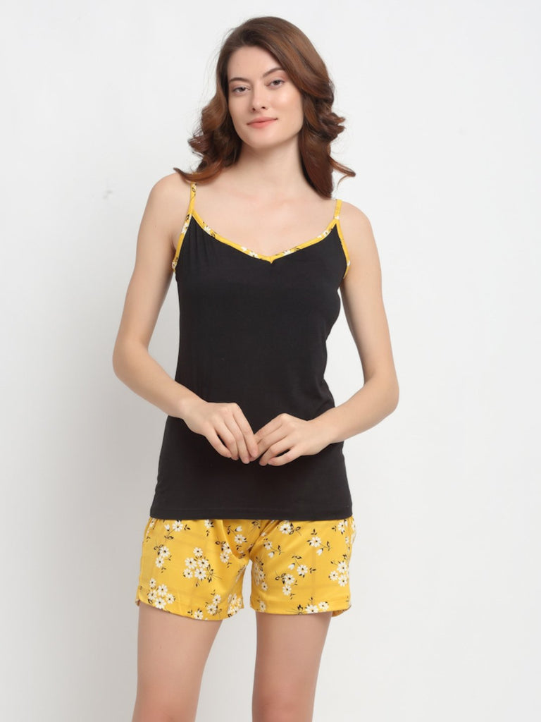 Solid Print Spaghetti Top & Shorts Night Suit Set For Women - Yellow & Black