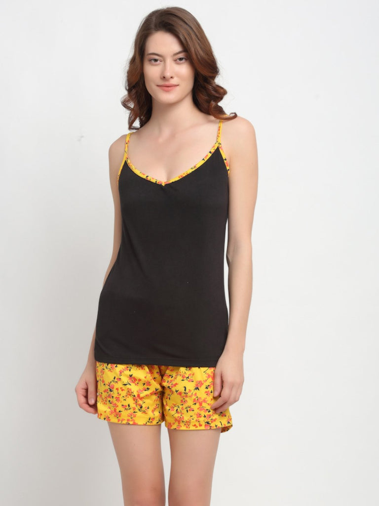 Solid Print Spaghetti Top & Shorts Night Suit Set For Women - Black & Yellow