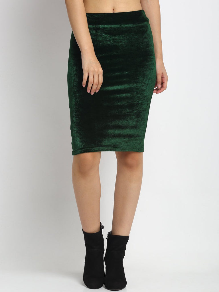 Velvet High Waist Pencil Midi Skirt For Women - Green