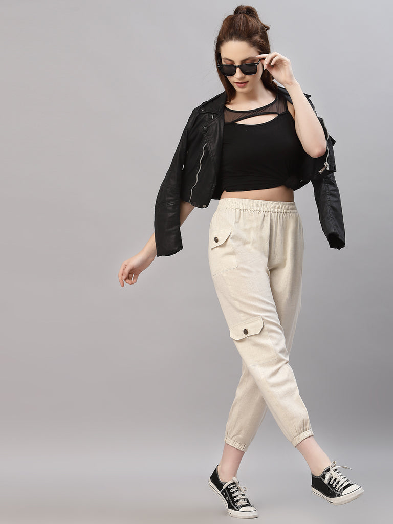 Women Pure Cotton Off-White Solid Cargos