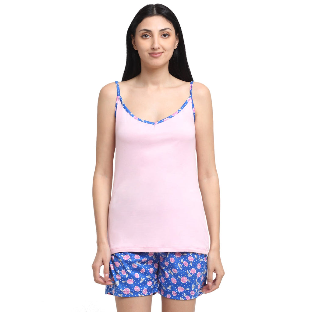 Women Pink & Blue Printed Nightsuit Shorts Set