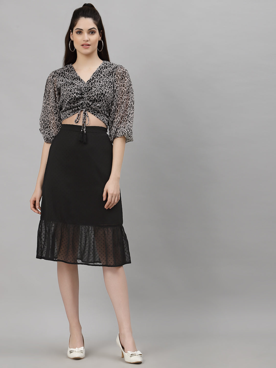 NEUDIS Women Black Chiffon Self design A-Line Midi Skirt