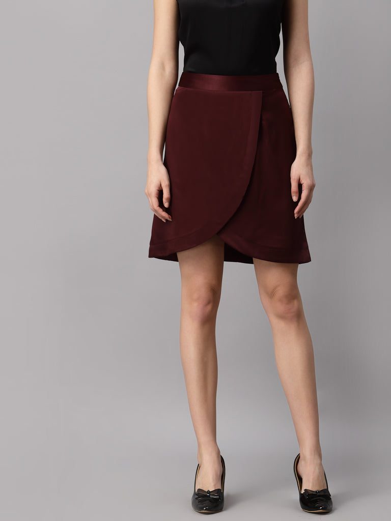Women Burgundy Solid Satin Finish Wrap Mini Skirt