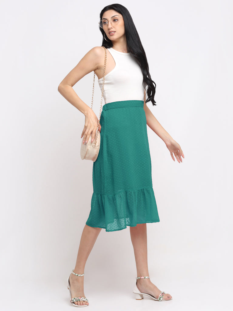 neudis-women-chiffon-green-self-design-knee-length-a-line-skirt