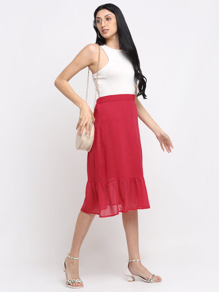 neudis-women-chiffon-cherry-red-self-design-knee-length-a-line-skirt