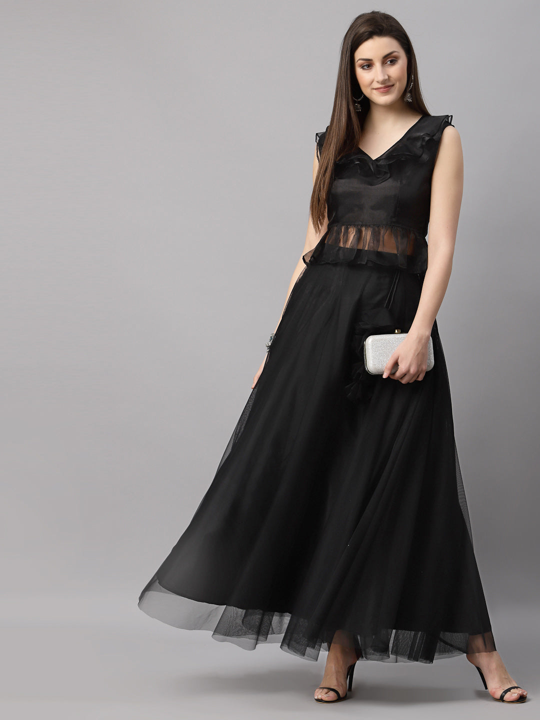 Váy Đầm - Black Illusion Neckline Midi Taffeta Dress(2)