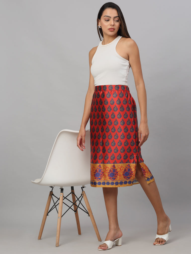neudis-women-red-printed-satin-straight-skirt
