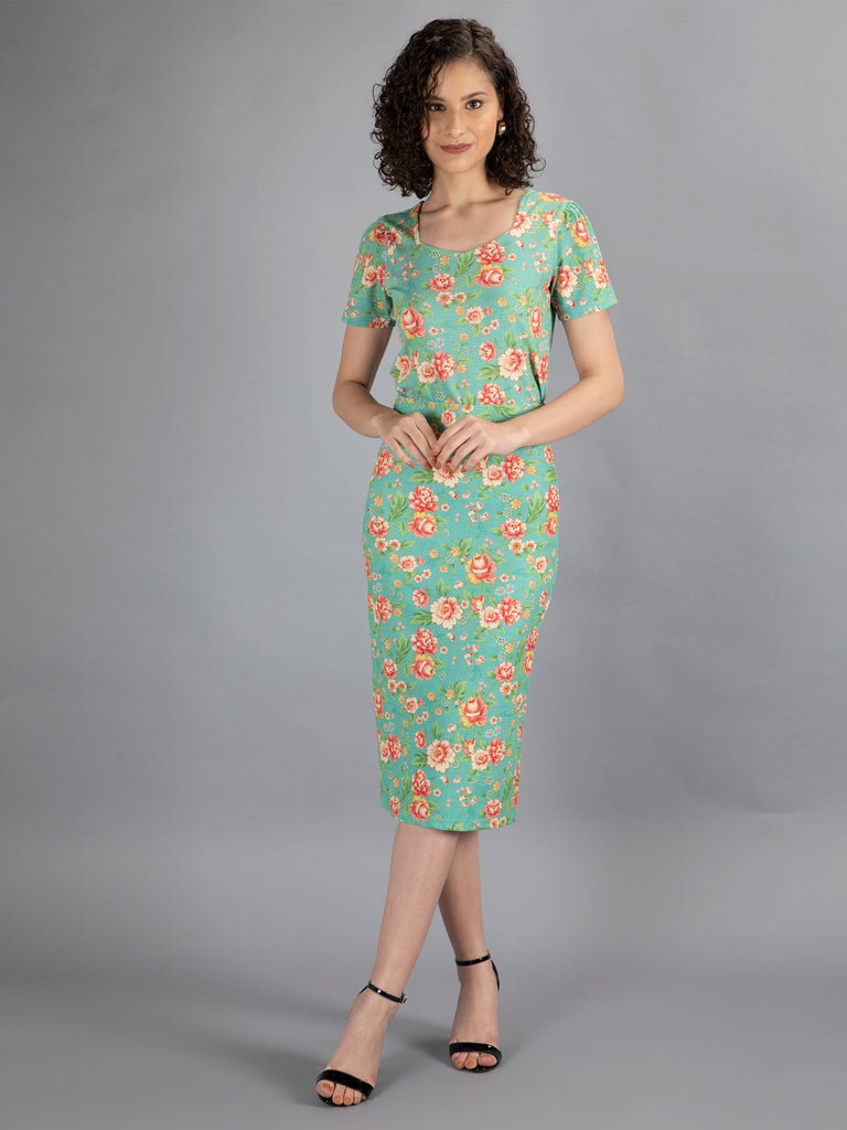 neudis-women-green-floral-printed-polyester-lycra-pencil-skirt