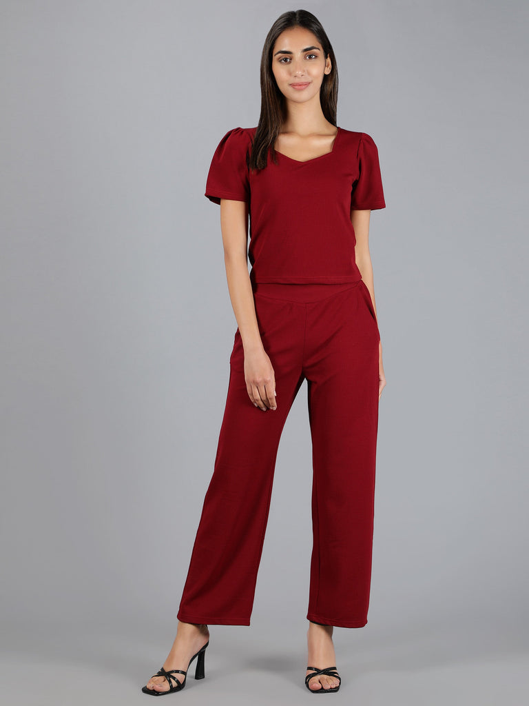 neudis-women-solid-maroon-regular-top-trouser-co-ord-set