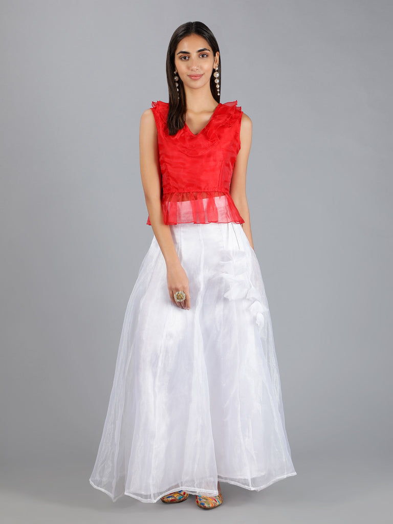 neudis-women-white-red-solid-organza-flared-maxi-lehenga-skirt-with-top