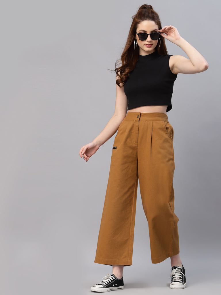 Women Brown Twill Parallel Trousers
