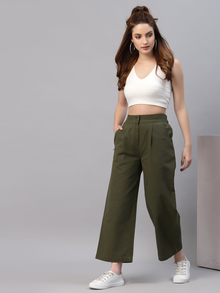 Women Olive Green Twill Parallel Trousers