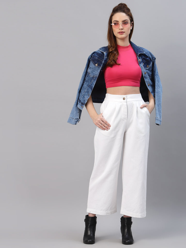 Women White Twill Parallel Trousers