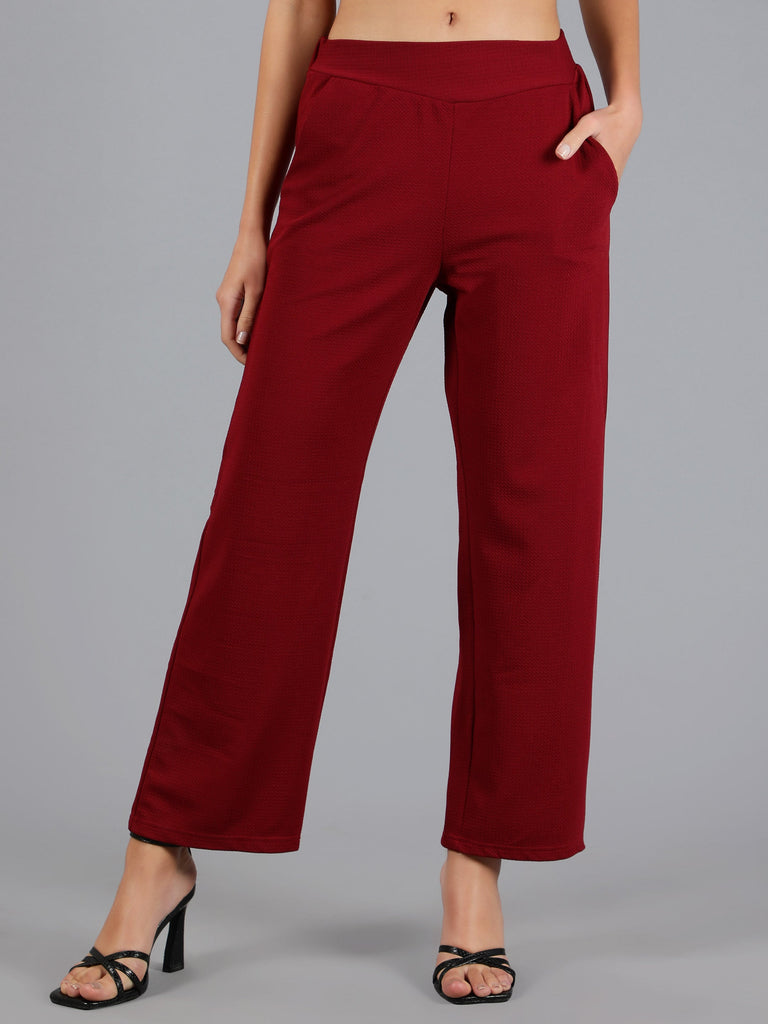 neudis-women-ployester-knit-maroon-flat-front-straight-fit-trouser