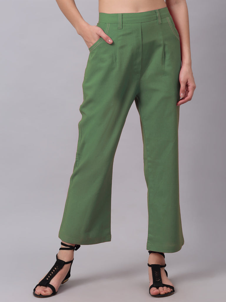 Women Green Pure Cotton Wide Leg Solid Trousers